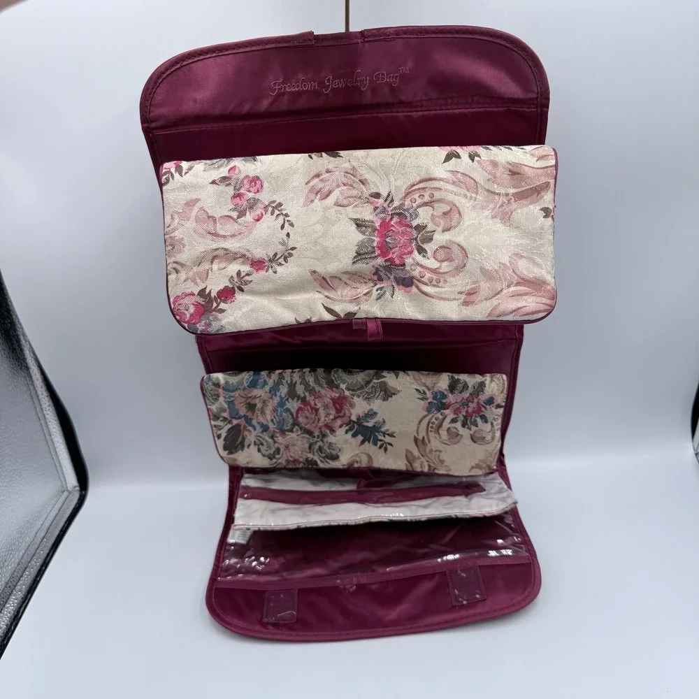 Freedom Jewelry Bag Floral Tapestry Hanging Travel Organizer Burgundy Roll Up